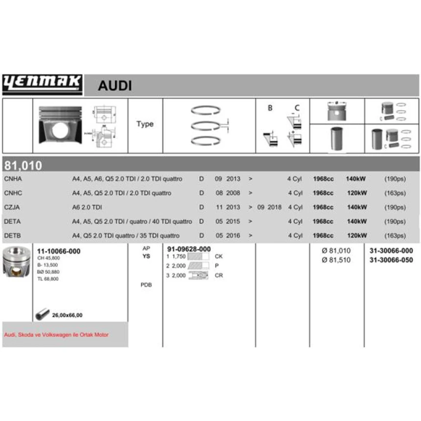 Vag Piston Segman Std 81,01 MM A4 A5 A6 Q5 Superb Passat 13> 2.0tdi Cnha Cnhc Czja Deta Detb Ddaa Dfca - Yenmak 31-30066-000
