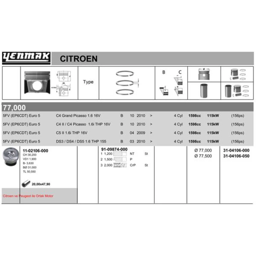 Psa Piston Segman (77,00mm) / (0,50 Farklı) P3008 P308 Rcz 207 P508 P208 P5008 C4 C4 Picasso Ds3 Ds5 C5 - Yenmak 36-04106-050