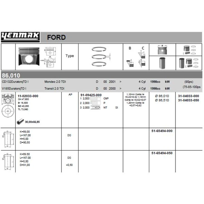 Ford Motor Piston Segman (86,01mm) / (std) Transıt V184 / V185 2,0tdci 75ps / 85ps / 100ps Mondeo 2,0tdci - Yenmak 36-04033-000