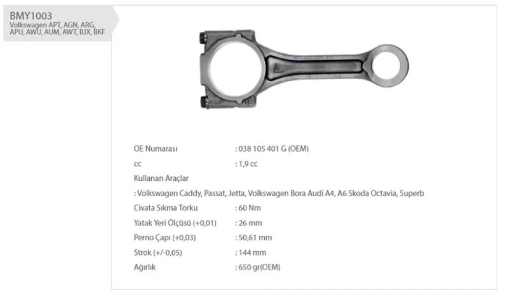 Vag Piston Biyel Kolu 1.9tdi Passat Sharan Touran A4 Bsu Atj Bru Bsw Auy Arl Anu Btb Avq Avb - Bmy 1003