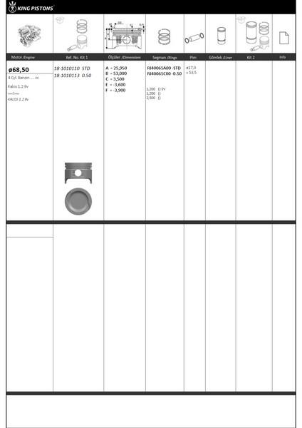 MOTOR PISTON+SEGMANI ( RIKEN ) 68,50mm STD KALOS - AVEO T250 / T255 1.2 8V 4 SIL. BENZINLI - KINGPISTON 18-1010110