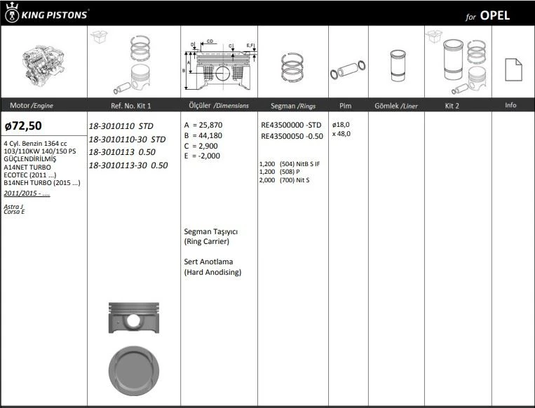 Opel Piston Segman Komple (riken) Segman Tasıyıcılı Std 72,50mm Meriva B 10>17 A14net A14nel B14net Astra - Kingpiston 18-3010110