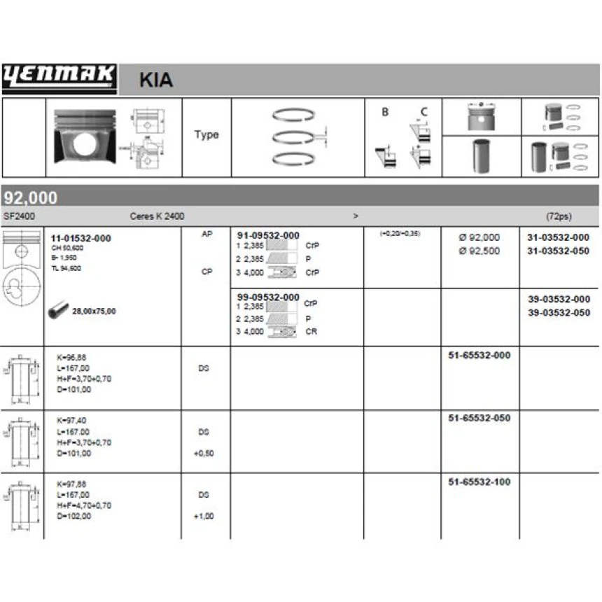 Kia Motor Piston Segman Std Kia Ceres 2400 Motor - Yenmak 31-03532-000