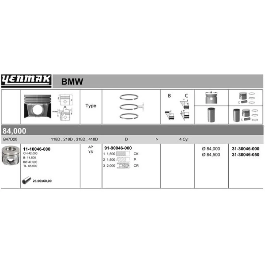 Bmw Piston + Segman Std. (84,00mm) Bmw F20 F21 F22 F45 F30 F10 B47 B37 - Yenmak 31-30046-000