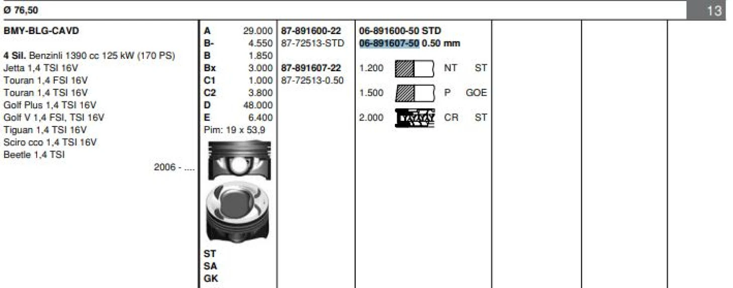Vag Motor Segmanı Takım (1 Pistonluk) / (77,00mm 0,50) Golf V / VI / Plus Alhamra Beetle (touran 1,4tsi - Goetze 68916075g