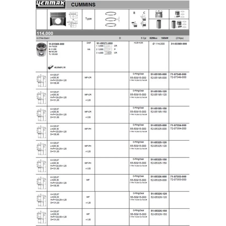 Bmc Truck Piston+segman 114,00mm Std Cummıns 6 Ct Aa Euro 1 Motor / Bmc Pro 827 Ford Cargo 3226 Euro 1 - Yenmak 31-03369-000