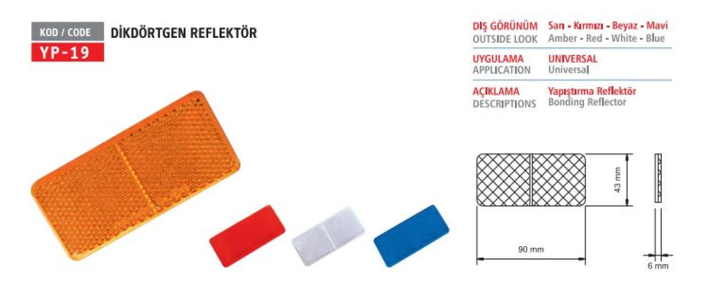 Unıversal Truck Unıversal Reflektor Dikdortgen Kirmizi - Yuceplast Yp-19 K