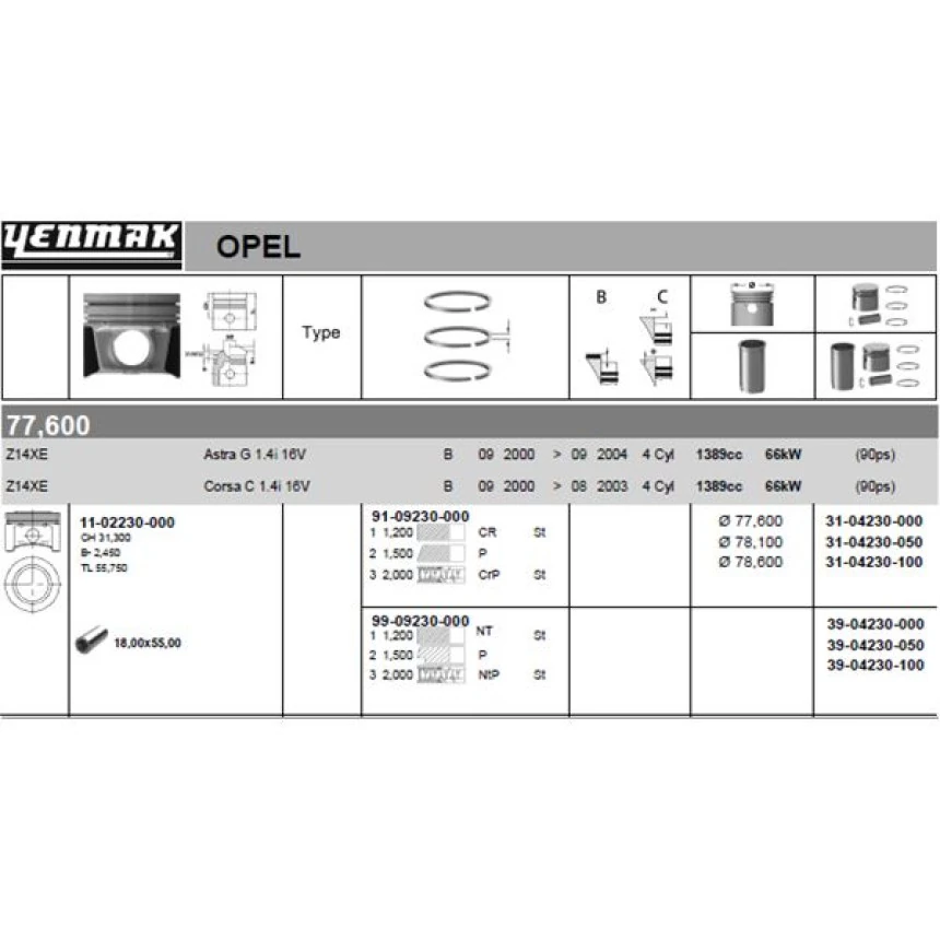 Opel Motor Piston Segman Komple 0,50 (78,10mm) Corsa C – Astra G – Z14xe - Yenmak 31-04230-050