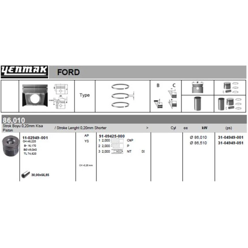 Psa Motor Piston+segman (86.01mm) (+0.50mm) (-0.20mm Kisa) Transıt Euro5 2.2tdci V347 - V362 - V363 - Ra - Yenmak 36-04949-051