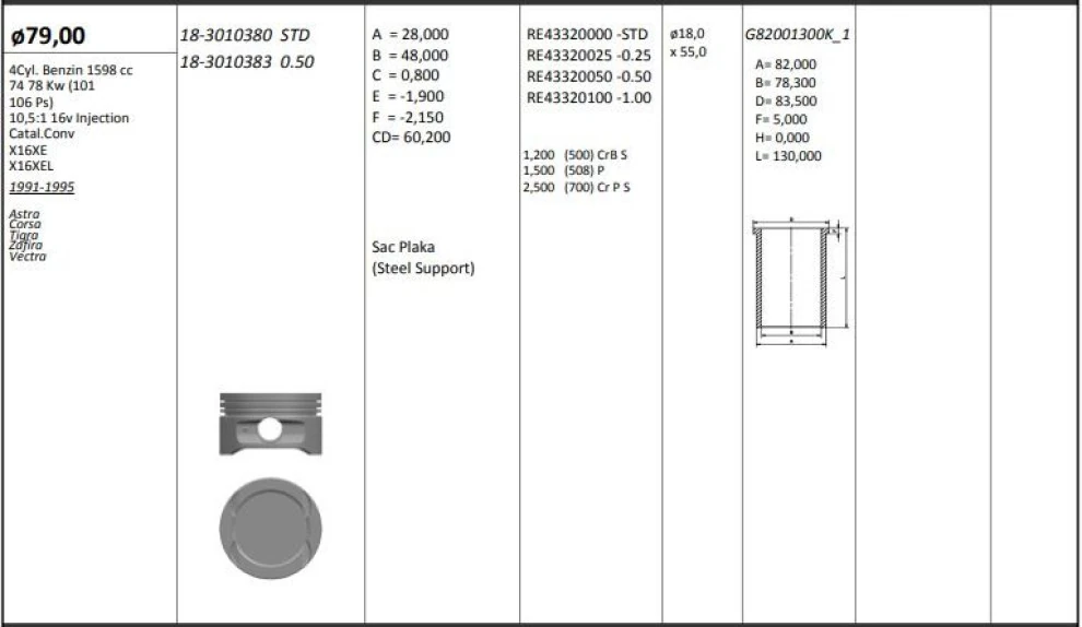 Opel Motor Piston+segmanı ( Riken )  79,00+stdmm Cap Astra Corsa Tigra Zafıra Vectra X16xe-X16xel 4sil. B - Kingpiston 18-3010380