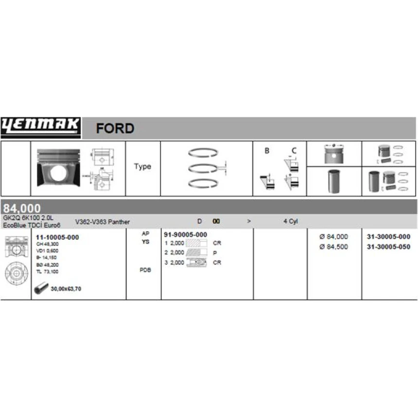 Ford Motor Piston+segmanlı 2.0 Ecoblue Panther Transıt V362 - V363 Custom (84.01mm) (std) - Yenmak 31-30005-000