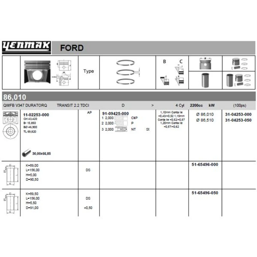 Ford Motor Piston Segman (86,01mm) / (std) Transıt V347 2,2tdci 100ps Duratorq 06>14 - Yenmak 36-04253-000