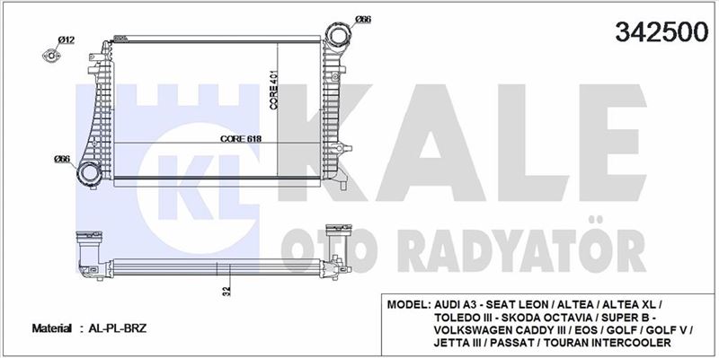 TURBO RADYATORU CADDY III A3 JETTA III TOURAN GOLF V ALTEA LEON TOLEDO PASSAT 1,9 / 2,0TDI 04>10 - KALE 342500