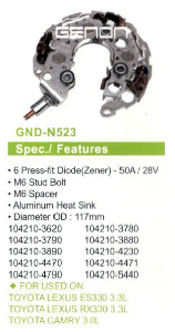 DİYOT TABLASI>TOYOTA LEXUSES 3303.3L-RX3303.3L-CAMRY3.0L 117mm(6DIOT)M6 - GENON-GND-N523