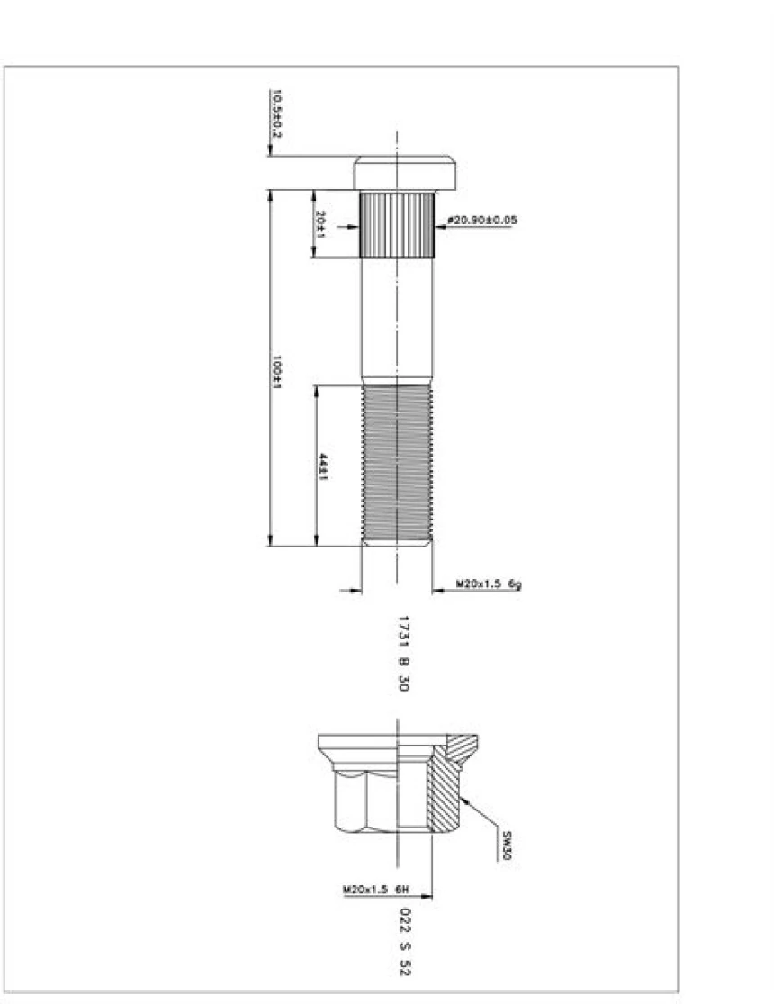 Mercedes Truck Bijon Ve Somunu Pullu Atego İlave Dingil Ortadan Frezeli M20x1.5x100 (fosfat) - Besel 1731b30-022s52