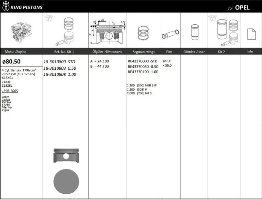 Opel Motor Piston+segmanı ( Riken )  80,50+stdmm Cap Astra Zafıra Vectra Corsa Meriva Tigra X18xe1-Z18xe- - Kingpiston 18-3010800