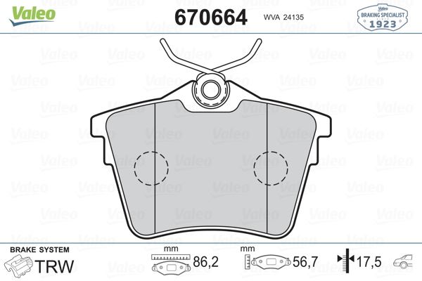 ARKA FREN BALATASI P407 04> C5 III 09> 1,6HDI 110 FAP 1,8 2,0 2,0 HDI 135 FAP 2,2 3,0 - VALEO 670664