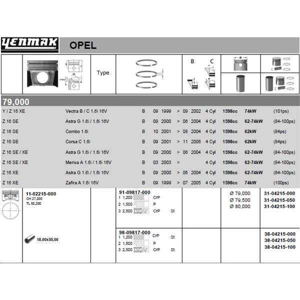 Opel Motor Piston Segman Komple 79,50mm 050 Astra G Meriva A Vectra B Vectra C Zafıra A Z16xe - Yenmak 31-04215-050
