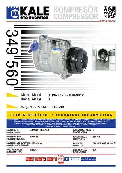 Bmw Klima Kompresoru Bmw M54 M52 M57 S54 E39 96>04 E38 95>01 E46 98>05  X3 E83 03>06 - Kale 349560