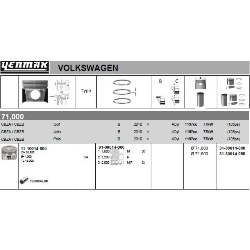 Vag Piston Segman 0.50 71,50 MM A1 A3 Altea İbiza Leon Toledo Fabıa Octavıa Rapıd Roomster Yeti Caddy Go - Yenmak 31-30014-050