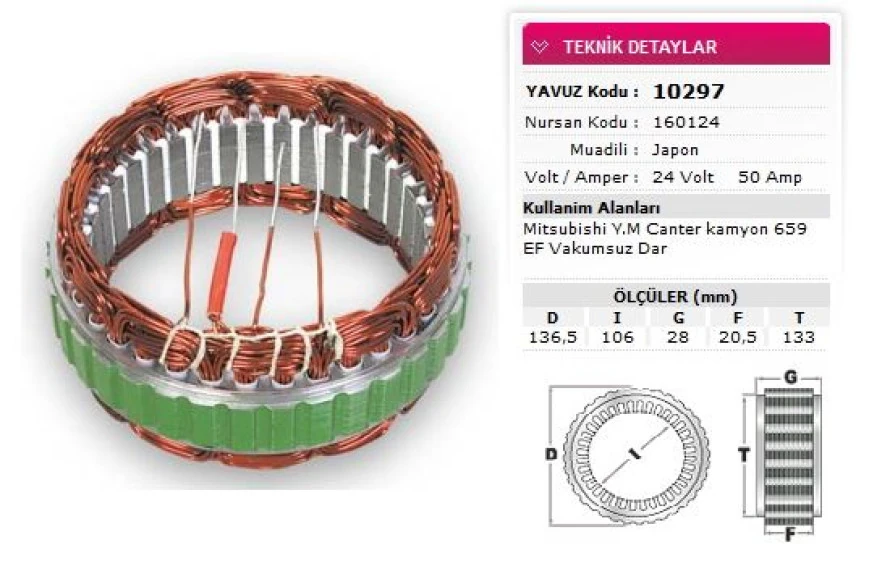 Mitsubıshı Ticarı Alternator Stator 24v 50a Mitsubıshı Tip Canter Fe659 Y.m Ef Hyundaı Hd35 Hd75 Vakumsuz Nursan 16012 - Yavuz 10 297