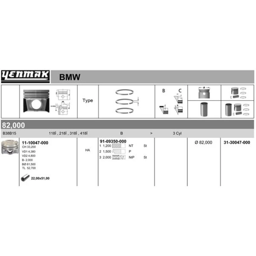 Bmw Piston Segman Std 82mm Bmw F20 F21 F52 F22 F23 F45 F30 B48 B38 - Yenmak 31-30047-000