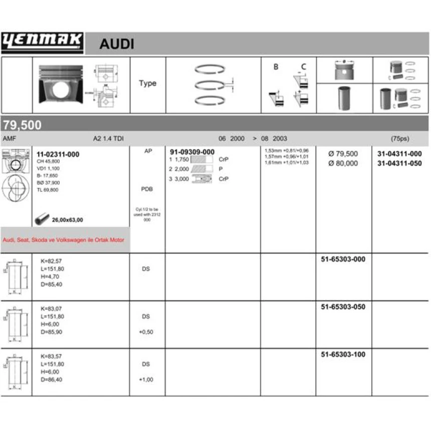 Vag Piston+segman (80,01mm 0,50 1 2 Pistonlar) Polo Cordoba İbiza IV V Fabıa Roomster A2 Lupo 1,4tdi Amf - Yenmak 31-04311-050