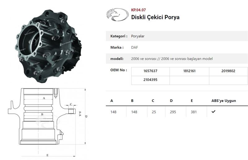 DINGIL PORYASI ARKA TEKER DISKLI CEKICI PORYA ( RULMANSIZ)  DAF Y.M 2006 VE SONRASI - KURTSAN KP.04.70