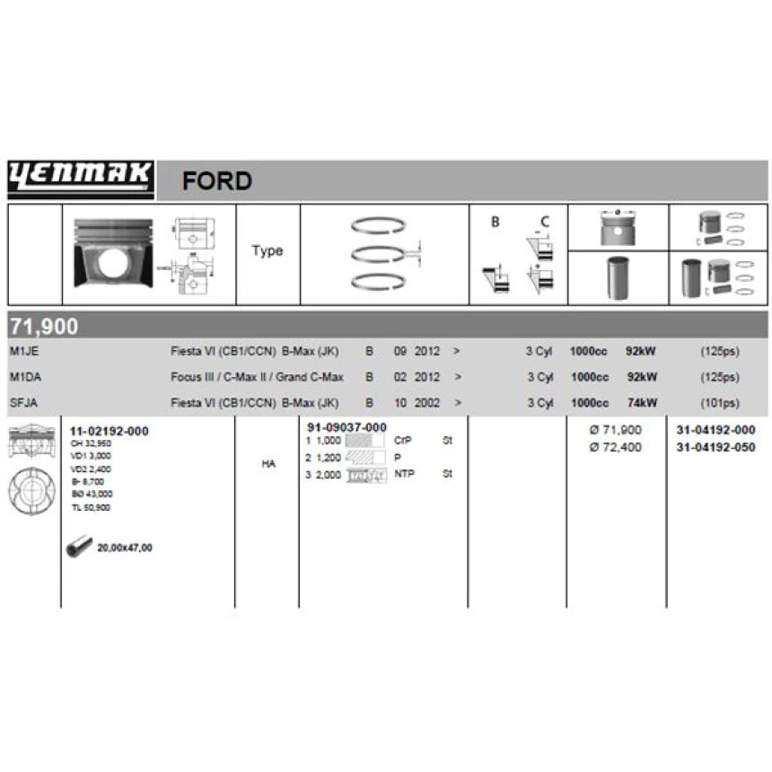 Ford Piston Segman {050 Farklı} B Max 13> C Max 11> Fiesta 13> Focusııı 11> Transıt Courıer 13> 1.0 Ecobo - Yenmak 31-04192-050