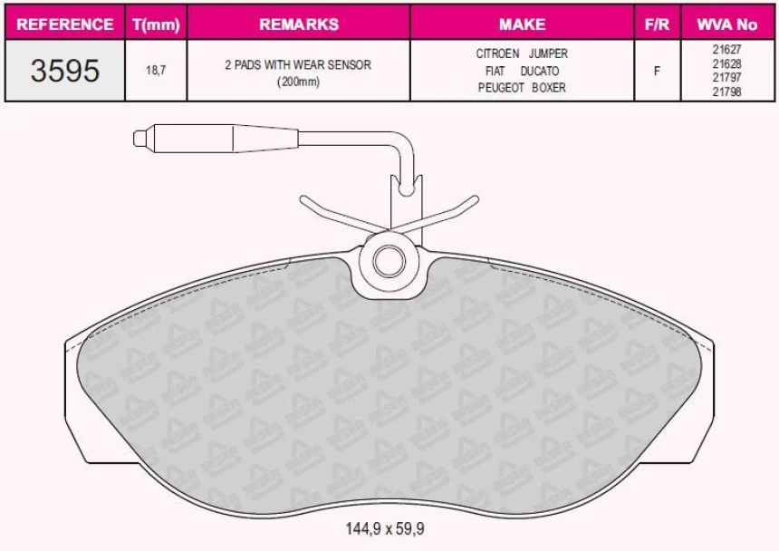 Fiat On Fren Balatası Boxer Ducato Jumper 1400kg (15 Jant) / (94 03) Yuvarlak Soketli - Grap 93595