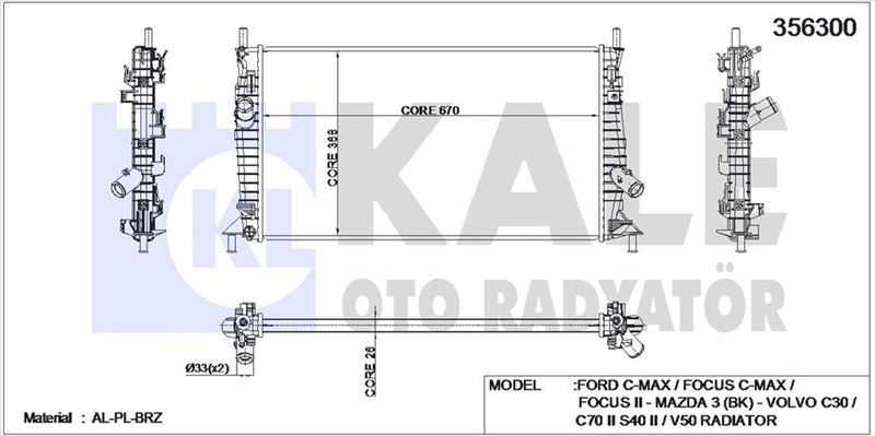 MOTOR SU RADYATORU FOCUS - C MAX 1.6TDCI 03>11  MAZDA 3 1.4 - 1.6 03>09 VOLVO C30 C70 S40 V50 1.6 - - KALE 356300