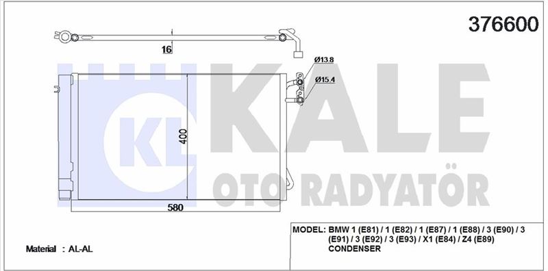 KLIMA RADYATORU N43 N45 N46 N51 N52 N53 M3 E81 E82 E87 E88 E90 E91 E92 E93  X1 E84 E89 - KALE 376600