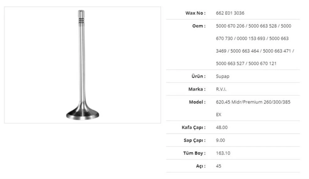 Renault Truck Subap Egzoz Renault 620.45 Midr/premium 260/300/385 48kx9sx163,1bx45a (6adet) - Wax 662 E01 3036