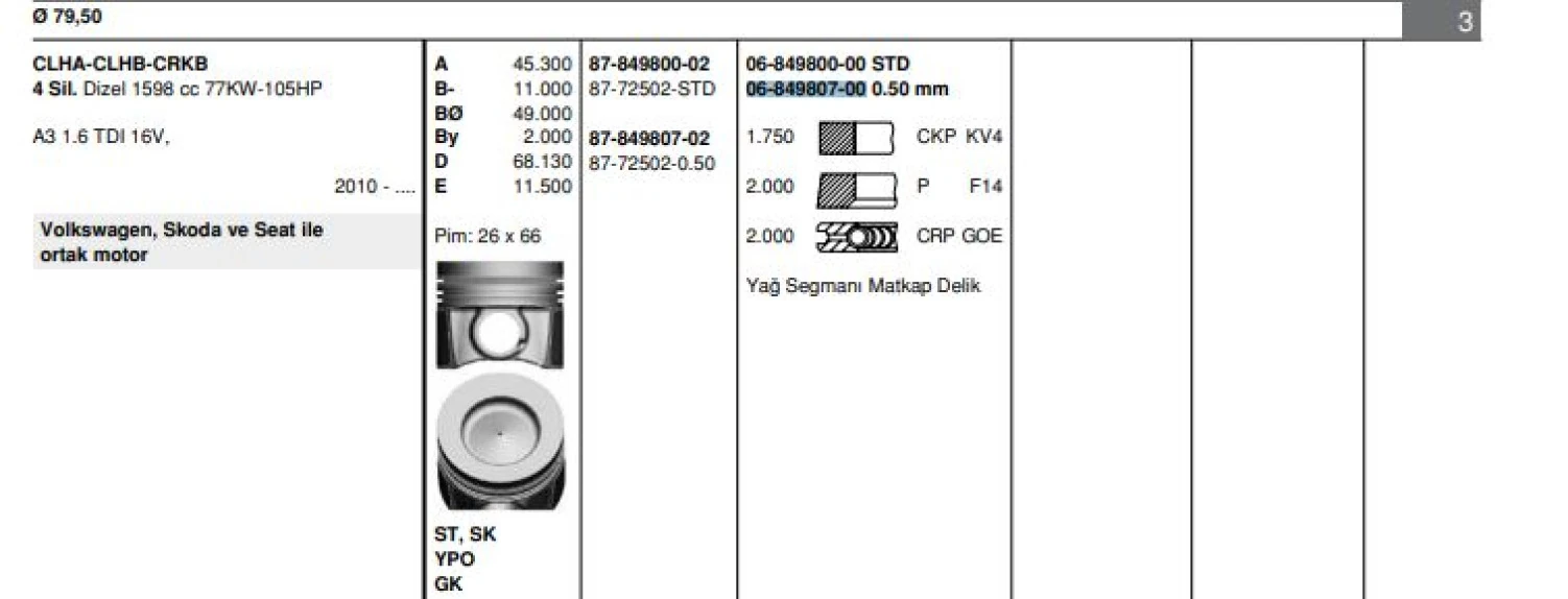 Vag Motor Segmanı Takım (1 Pistonluk) / (80,00mm 0,50) Golf VII Passat A1 A3 Leon Toledo Octavıa Rapıd S - Goetze 68498070g
