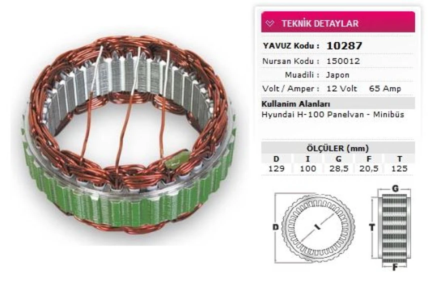 Hyundaı Ticarı Stator Mitsubıshı Tip 12v 65a Hyundaı Excel H100 Minibus-Panelvan Nursan 150012 - Yavuz 10 287