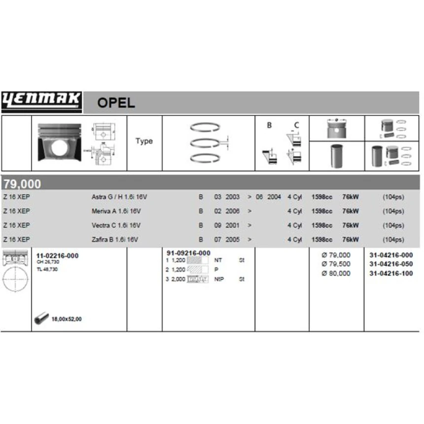 Opel Motor Piston Segman Komple { 1mm Farklı} Astra G – Astra H – Vectra C – Zafıra B – Meriva A – Z16xep - Yenmak 31-04216-100