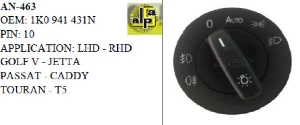 Unıversal Far Anahtarı>vw Golf 5 - Caddy - Jetta - Touran Far Anah. Autolu   >>1k0941431n - Mcar-An463