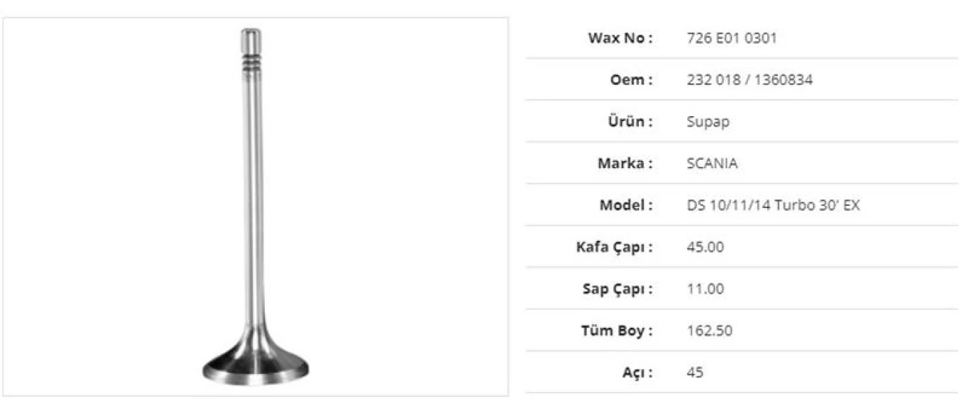 Scanıa Truck Subap Egzoz Scanıa Ds 10/11/14 Turbo 30' 45kx11sx162,5bx45a (6adet) - Wax 726 E01 0301