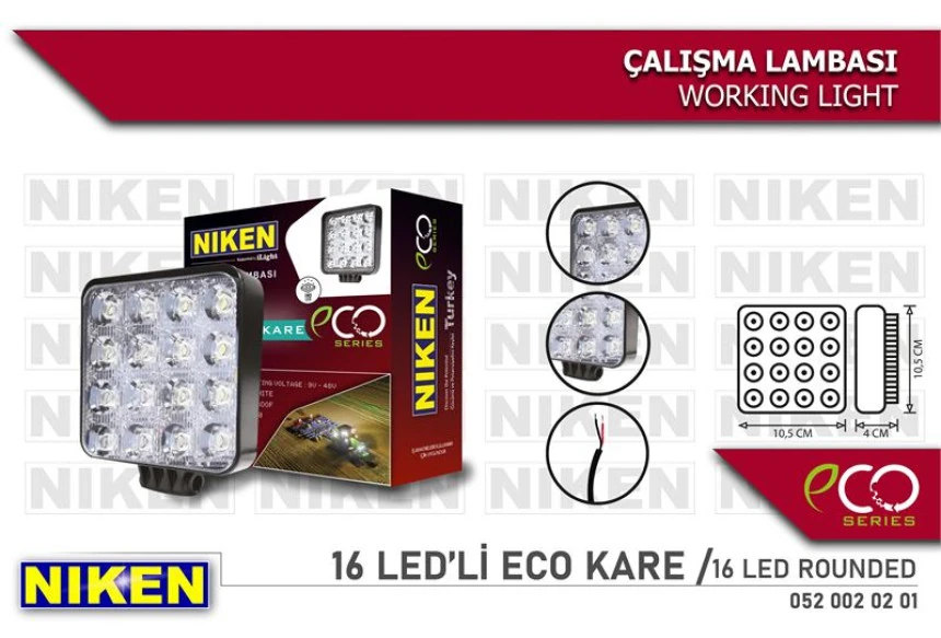 Unıversal Calısma Lambası 16 Ledli Kare Eco Seri 27-22w 12v 24v - Niken 052 002 02 01
