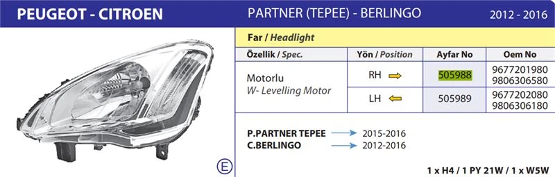 Psa Far Sol Sinyallı Motorlu E Belgeli Ampullu (h4) Berlingo 2012> - Ayfar 505989