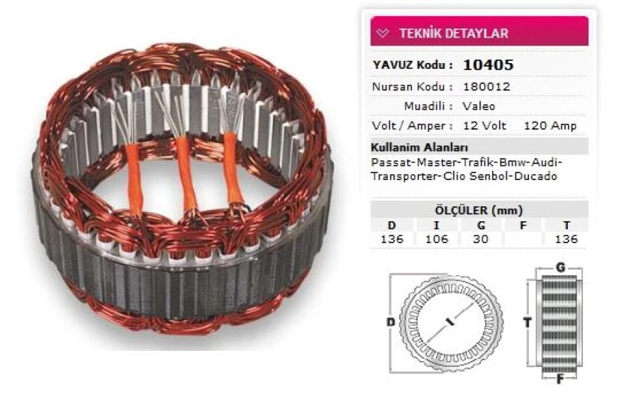 Renault Stator Valeo Tip 12v 120a Passat Master Trafıc Bmw Audı T Porter Clio Symbol Ducato Nursan 180012 - Yavuz 10 405
