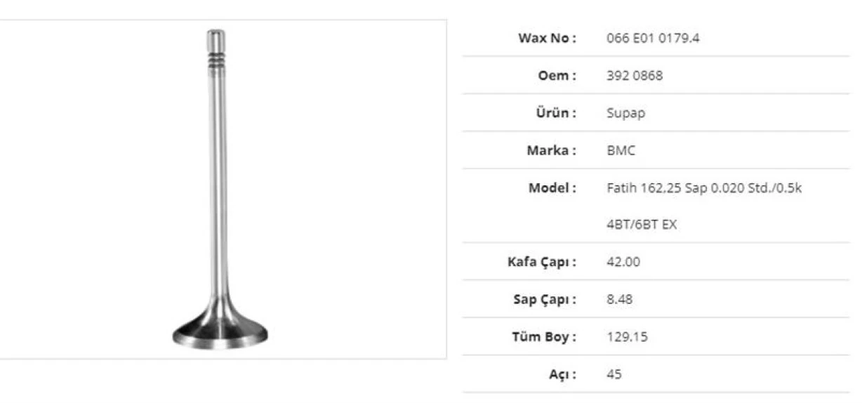 Bmc Truck Subap Egzoz Bmc Fatıh 162,25 Sap 0.020std./0.5k 4bt/6bt 42kx8,48sx129,15bx45a (6adet) Daf Lf 55 Fa 5 - Wax 066 E01 0179.4