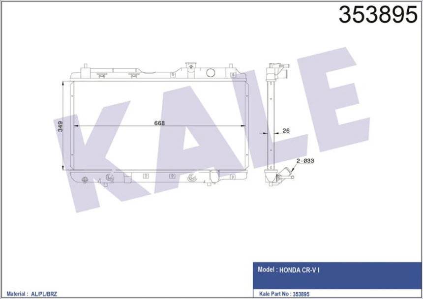 Honda Motor Su Radyatoru Cr V 96>01 Otomatık Vites (658x350x26) - Kale 353895