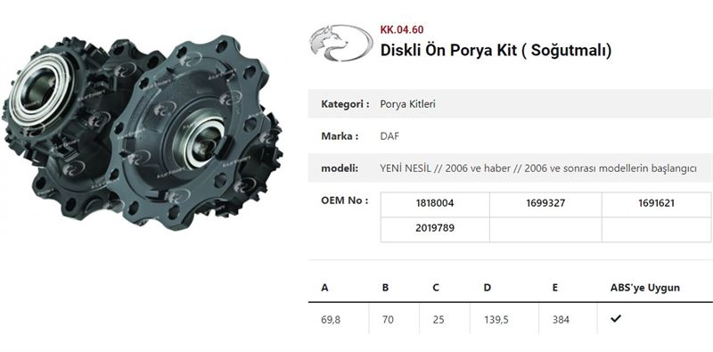 DINGIL PORYASI ÖN TEKER DISKLI RULMANLI KIT SOGUTMALI  DAF XF-CF 2006 SONRASI - KURTSAN KK.04.60