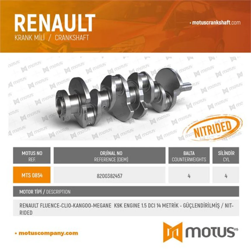 Renault Krank Clio III 04> Clio IV 12>  Kangoo 98> Megane II 04>megane III 09> Logan 04> Fluence 09> Captur - Motus 854