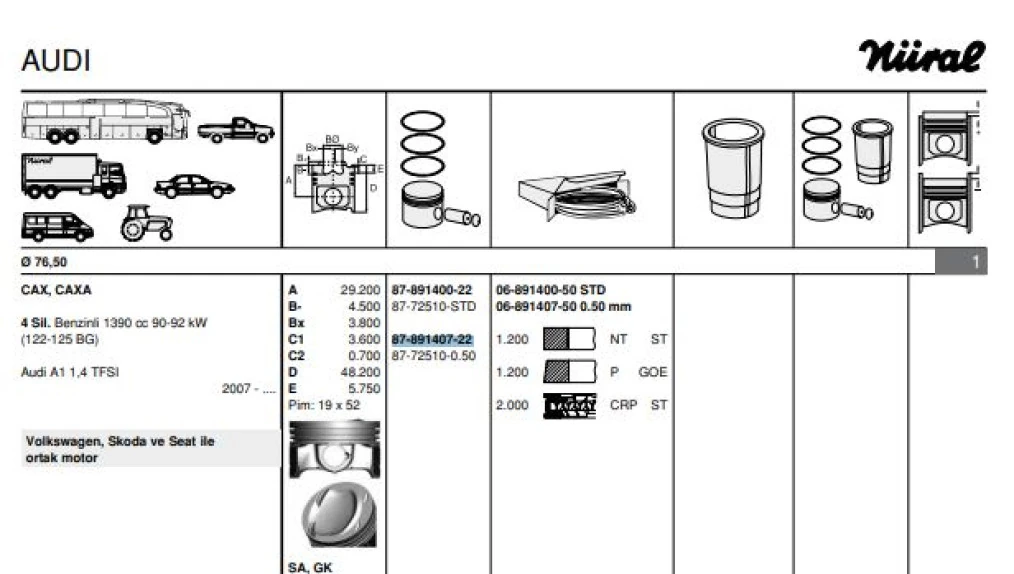 Vag Piston+segman (77,01mm 0,50) Golf V VI Superb Yeti A1 A3 Altea Leon Toledo IV Octavıa Rapıd Jetta II - Goetze 8772510050000g