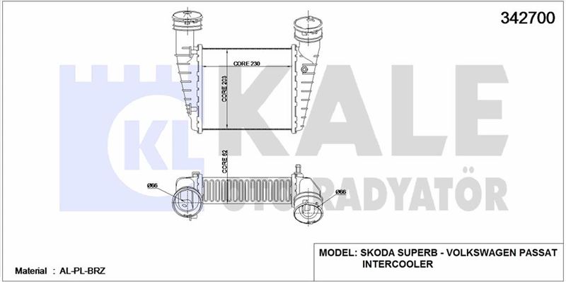 TURBO RADYATOR INTERCOOLER AVB AWX AVF BSV PASSAT 97>05 SUPERB 02>08 - KALE 342700