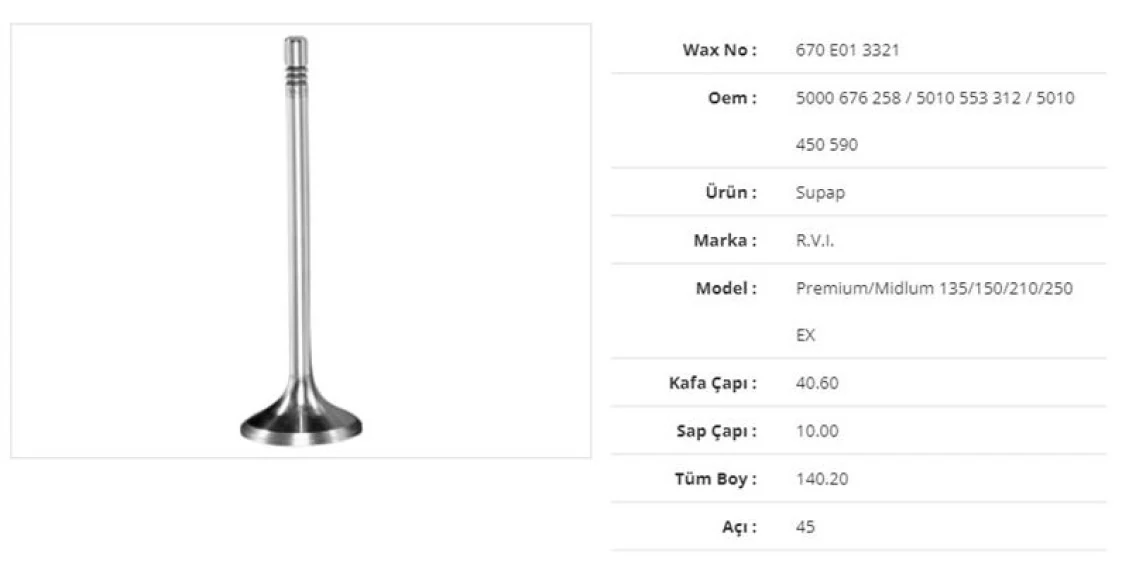 Renault Truck Subap Egzoz Renault Premium/mıdlum 135/150/210/250 40,6kx10sx140,2bx45a (6adet) - Wax 670 E01 3321