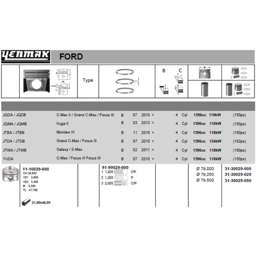 Ford Piston Segman 050 Farklı 79,5  MM Jqda , Jtda , B 4164 Focus III 11>17   Kuga II 14>17  C-Max  11>17 - Yenmak 31-30029-050