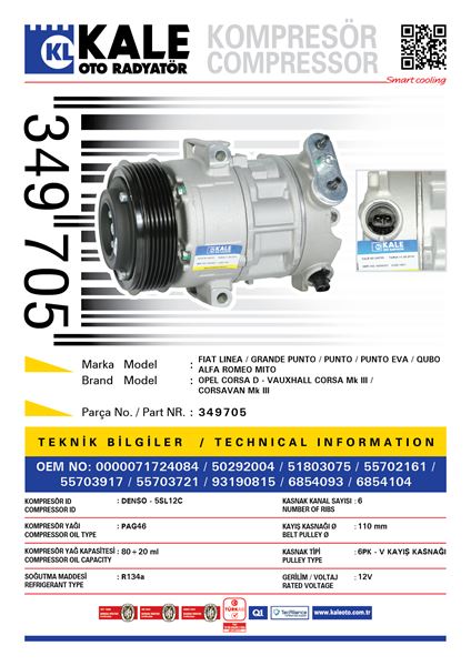 KLIMA KOMPRESORU LINEA GRANDE PUNTO ALFA ROMEO MITO OPEL CORSA D 07<14 Z13DTJ Z13D - KALE 349705
